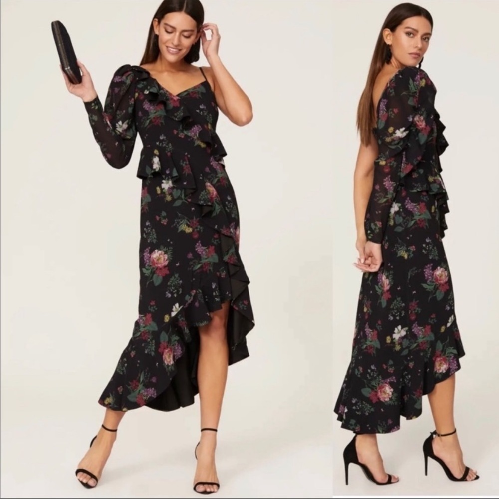 amur pasqualena one shoulder midi floral cocktail dress size 8 black